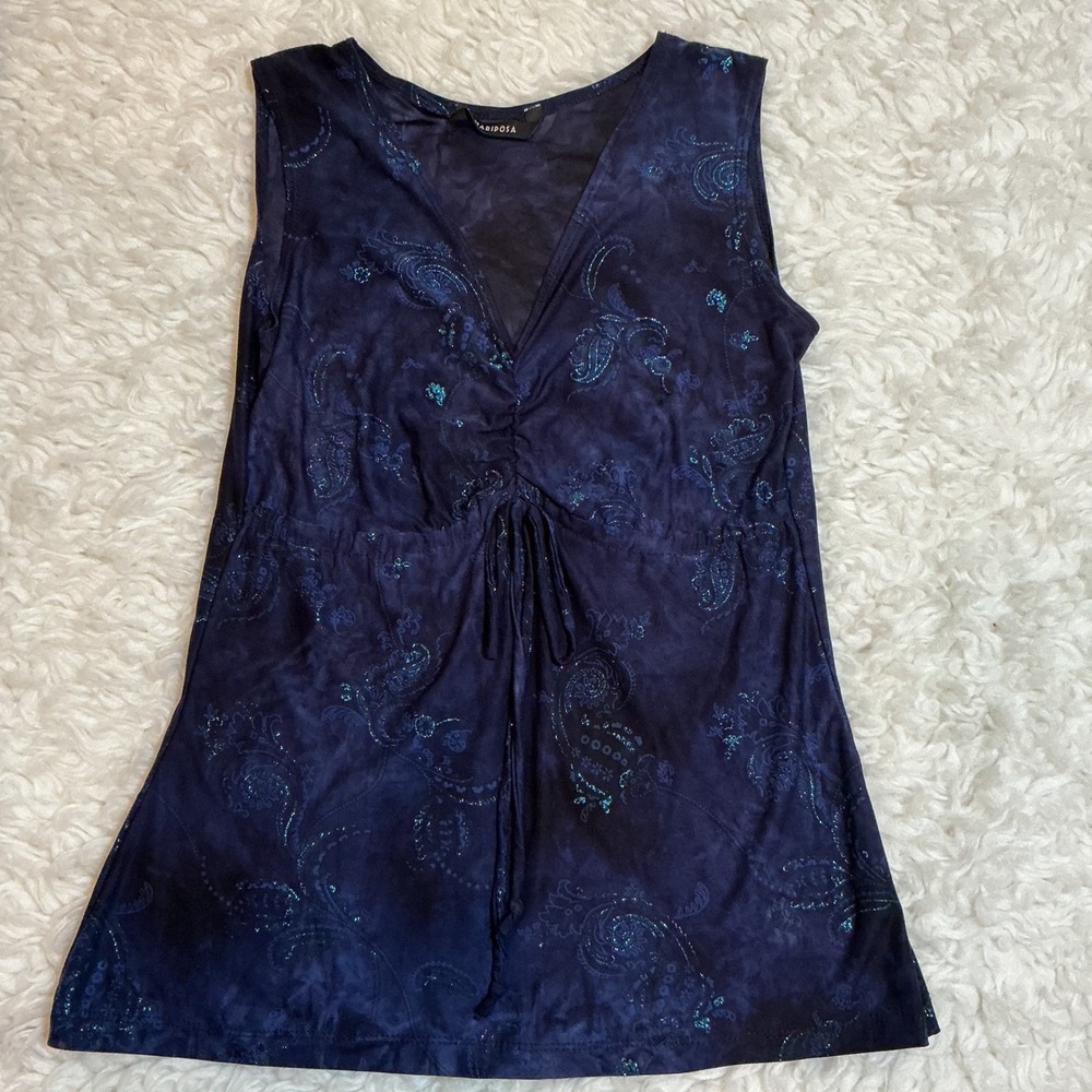 Mariposa Navy Blue Paisley Sleeveless Tunic Top Ruched Waist Boho Y2K